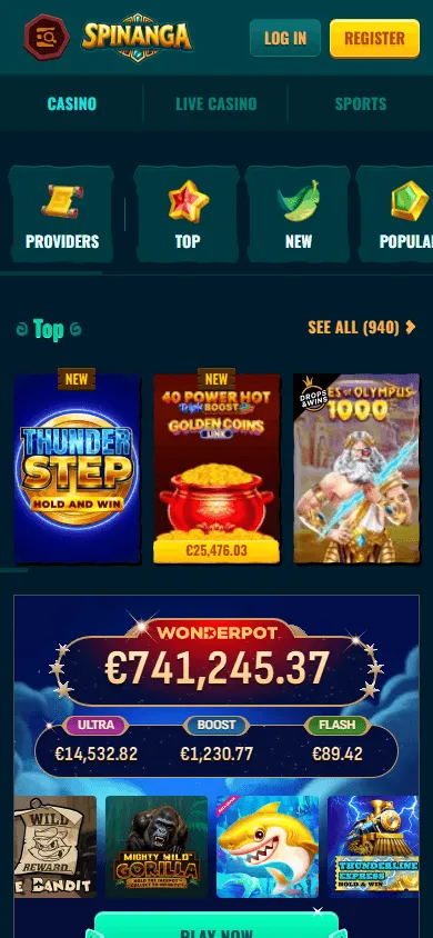 Spinanga Casino mobile browser games area with casino categories