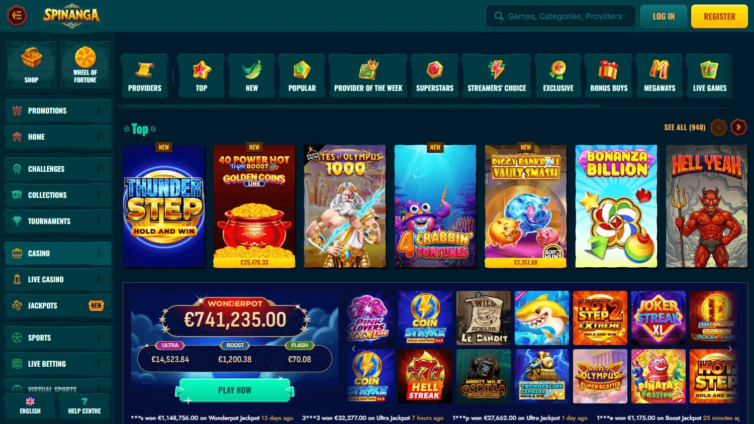 Spinanga Casino desktop games area with casino categories and game titles