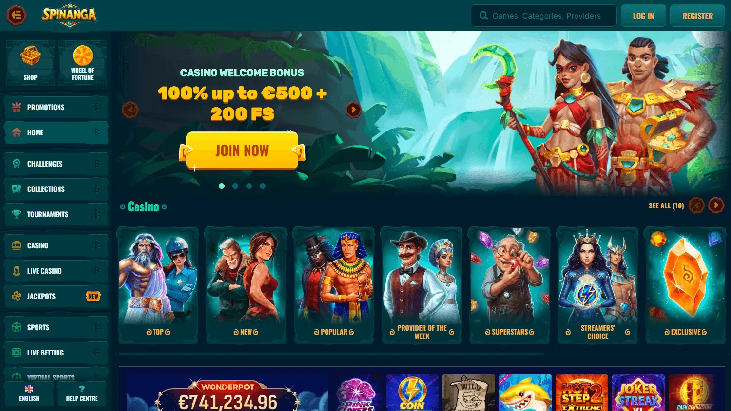 Spinanga Casino desktop home screen with the Australian welcome offer and casino access