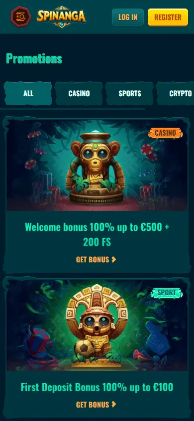 Spinanga Casino mobile browser promotions area with available rewards