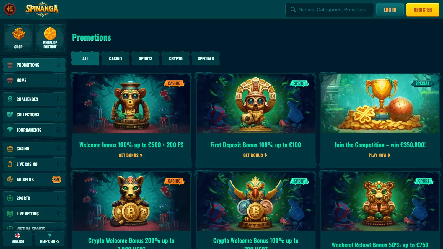 Spinanga Casino desktop promotions area with welcome, reload and loyalty offers