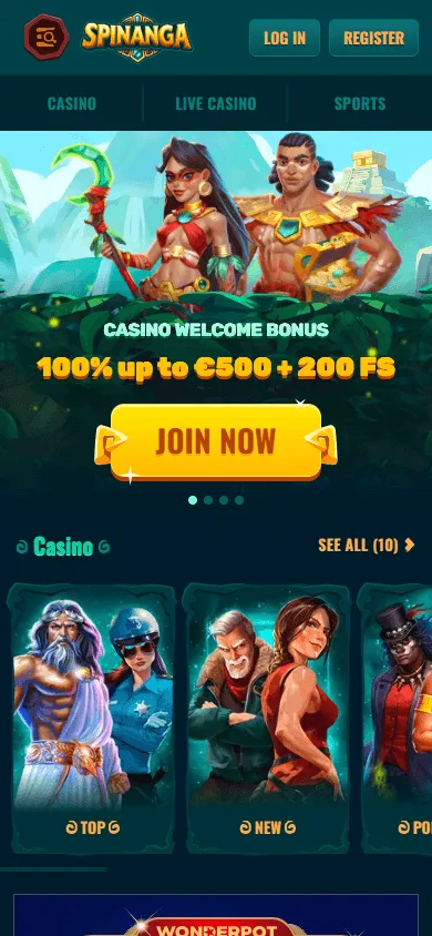 Spinanga Casino mobile browser home screen with account and casino features
